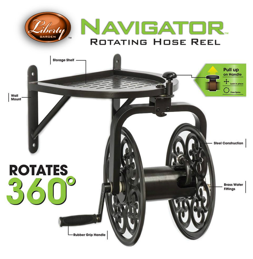 Liberty Garden™ 710 Navigator 360° Rotating Wall-Mount Hose Reel, Bronze, 125'