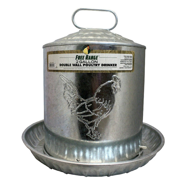 Free Range 1000263 Double Wall Poultry Drinker, 2-Gallon, Galvanized Steel