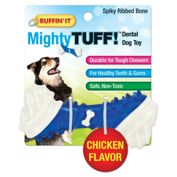 Ruffin' It 80656 Mighty Tuff Spikey Ribbed Bone Dog Toy, Chicken Flavor