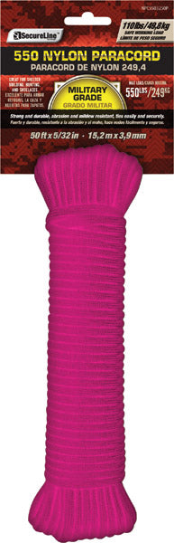 SecureLine® NPC5503250P Military Grade 550 Nylon Paracord, Pink, 5/32" x 50'