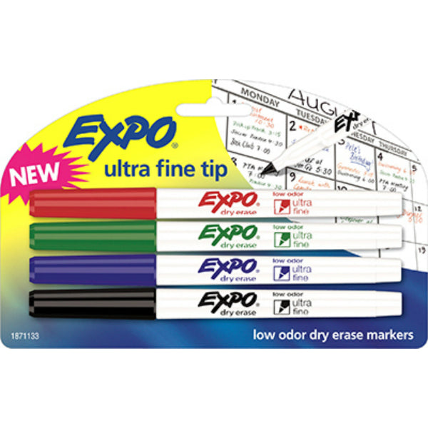 Expo® 1871133 Ultra Fine Tip Low Odor Dry Erase Markers, Assorted Colors, 4-Ct