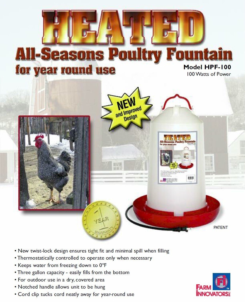 Farm Innovators HPF-100 Heated All-Seasons Poultry Fountain, 3-Gallon, 100W