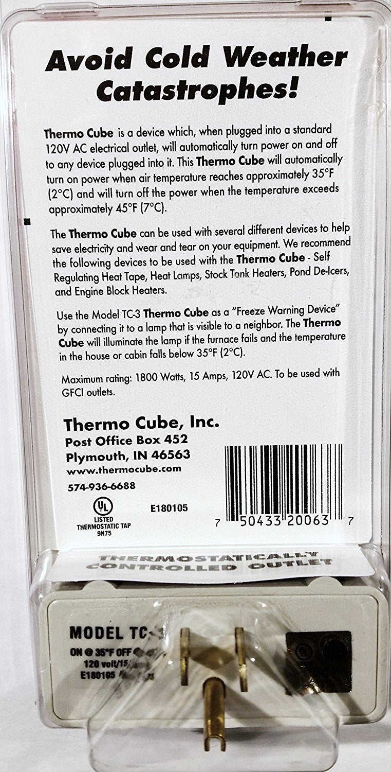 Thermo Cube TC-3 Thermostatically Controlled Outlet, On at 35/Off at 45-Degrees