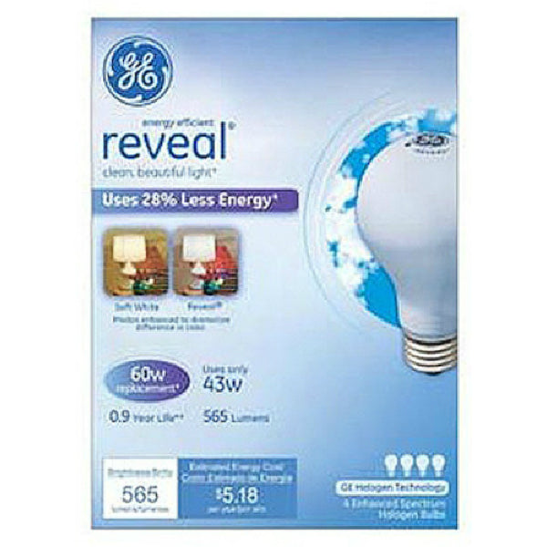 GE 67770 Reveal 43AW/RV/H A Line Halogen Bulb, 43W, Soft White, 3" MOL, 4-Pack