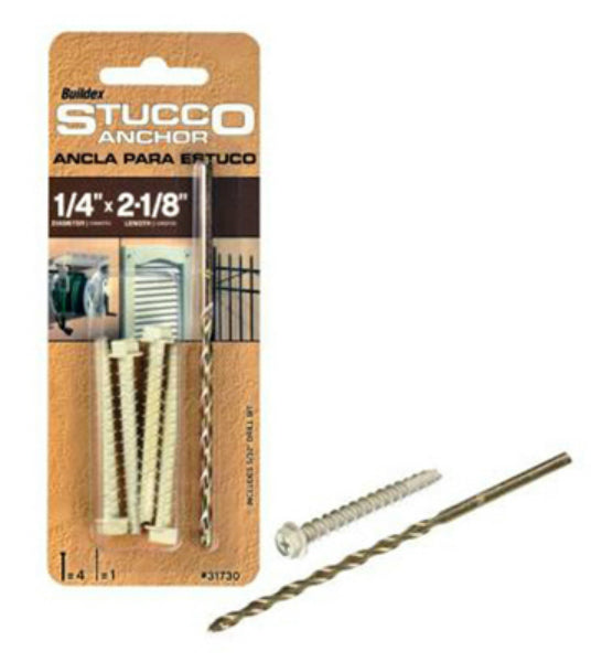 Buildex 31730 Hex-Washer-Head Stucco Anchors with Drill Bit, 1/4"x2-1/8", 4-Pack