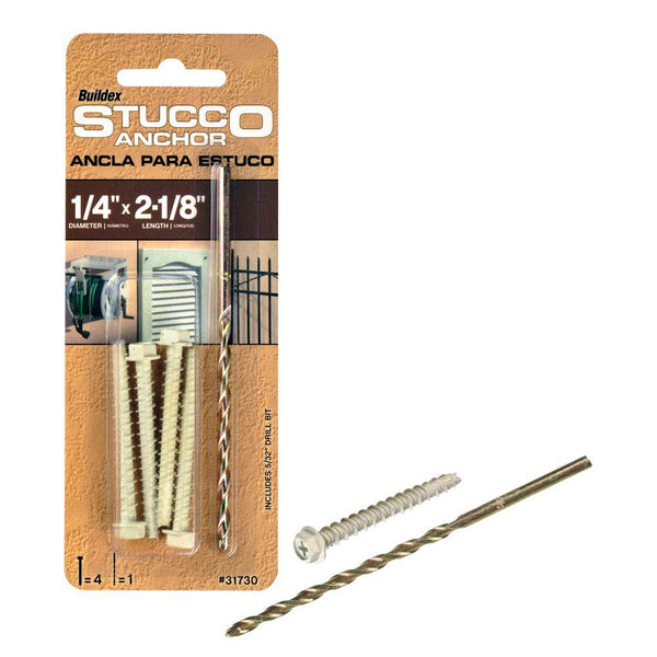 Buildex 31730 Hex-Washer-Head Stucco Anchors with Drill Bit, 1/4"x2-1/8", 4-Pack