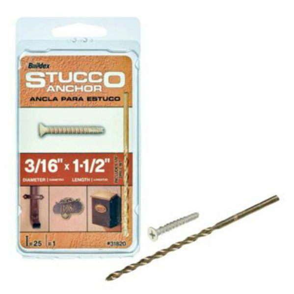 Buildex 31820 Flat-Head Phillips Stucco Anchors w/Drill Bit, 3/16"x1-1/2", 25-Pk
