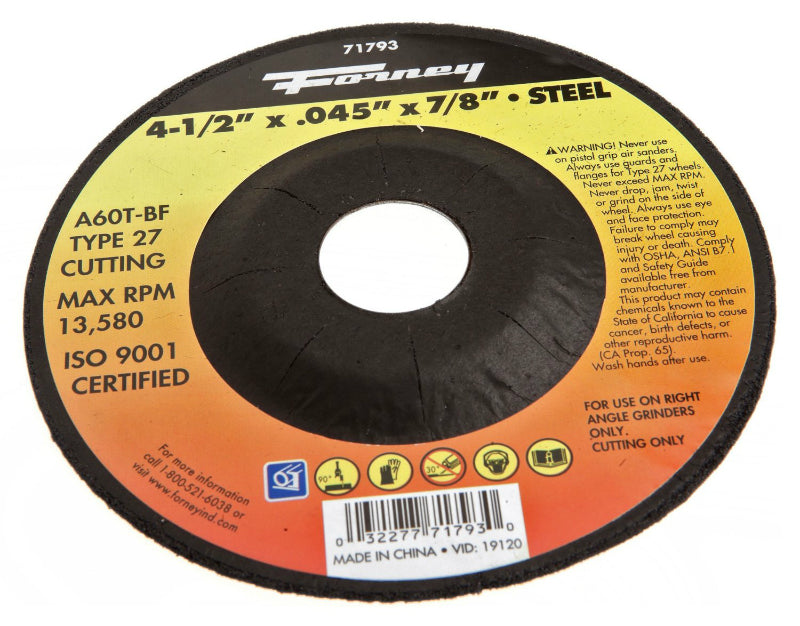 Forney 71793 Type 27 Cut-Off Wheel, Depressed Center, 4.5", 7/8" Arbor, A60T-BF