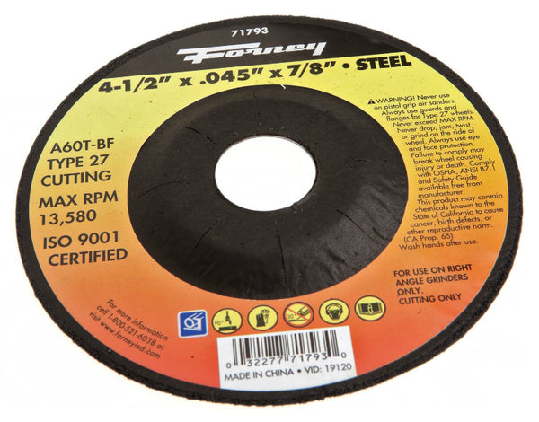Forney 71793 Type 27 Cut-Off Wheel, Depressed Center, 4.5", 7/8" Arbor, A60T-BF