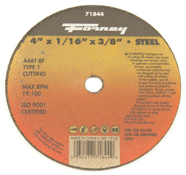 Forney 71844 Metal Cut-Off Wheel, Type 1, 4" x 1/16" x 3/8" Arbor, A46T-BF