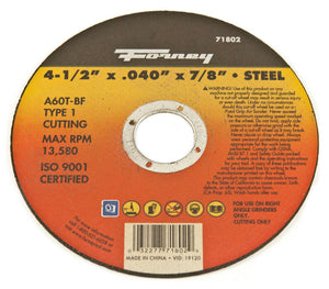 Forney 71802 Cut-Off Wheel, Metal Type 1, 4-1/2" x 0.040" x 7/8" Arbor, A60T-BF