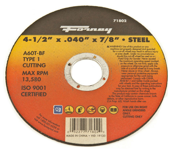 Forney 71802 Cut-Off Wheel, Metal Type 1, 4-1/2" x 0.040" x 7/8" Arbor, A60T-BF
