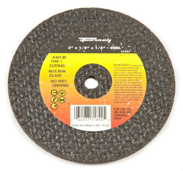 Forney 71842 Cut-Off Wheel, Metal Type 1, 3" x 1/8" x 1/4" Arbor, A36T-BF