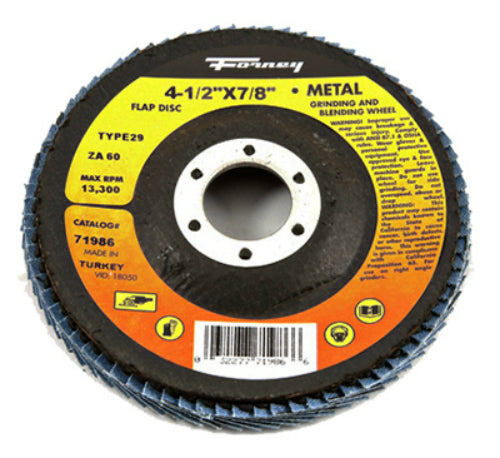 Forney 71986 Blue Zirconia Flap Disc, 60 Grit, Type 29, 4.5" x 7/8" Arbor, ZA60