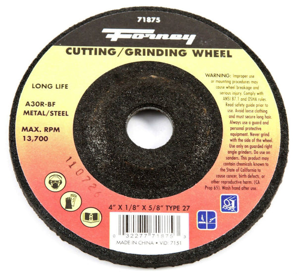 Forney 71875 Metal Cutting/Grinding Wheel, Type 27, 4" x 1/8" x 5/8" Arbor, A30R