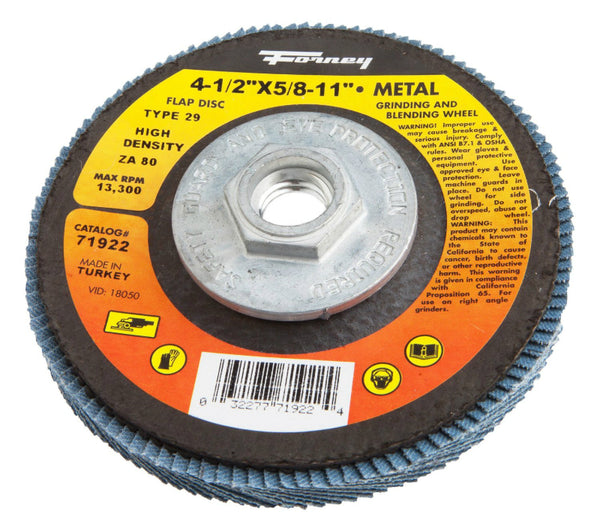 Forney 71920 "Jumbo" Blue Zirconia Flap Disc, 40 Grit, 4-1/2", 5/8-11 Arbor,ZA40