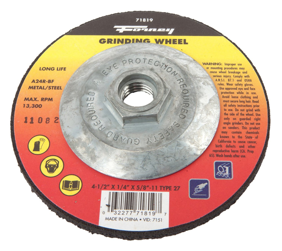 Forney 71819 Metal Grinding Wheel, Type 27, 4-1/2" x 1/4" x 5/8-11 Arbor, A24R