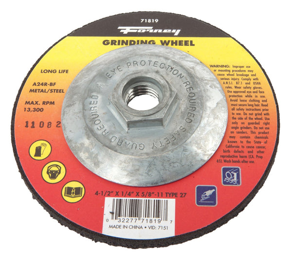 Forney 71819 Metal Grinding Wheel, Type 27, 4-1/2" x 1/4" x 5/8-11 Arbor, A24R