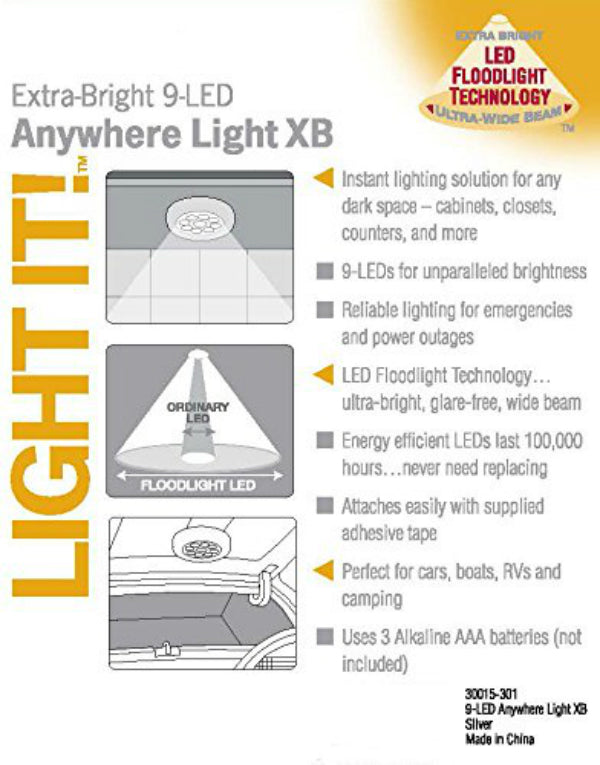 Fulcrum 30015-308 Light It!™ B/O Wireless 9-LED Anywhere Stick-On Light, White