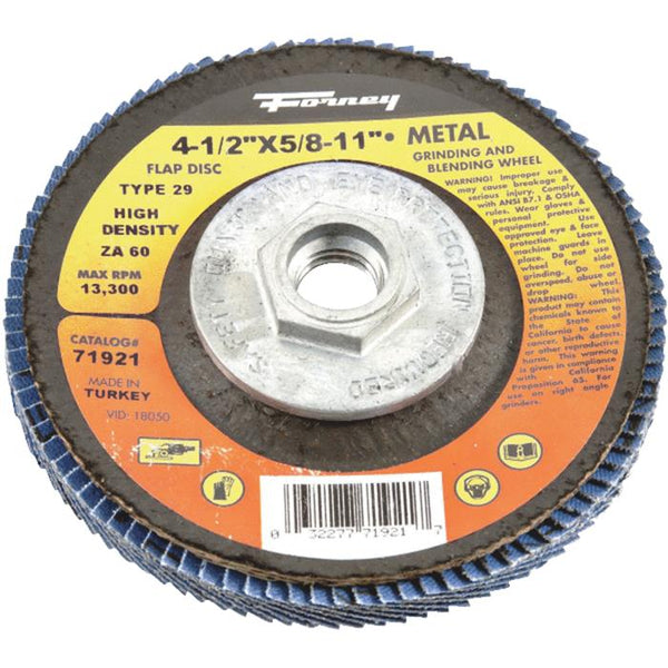 Forney 71921 "Jumbo" Blue Zirconia Flap Disc, 60 Grit, 4-1/2", 5/8-11 Arbor,ZA60