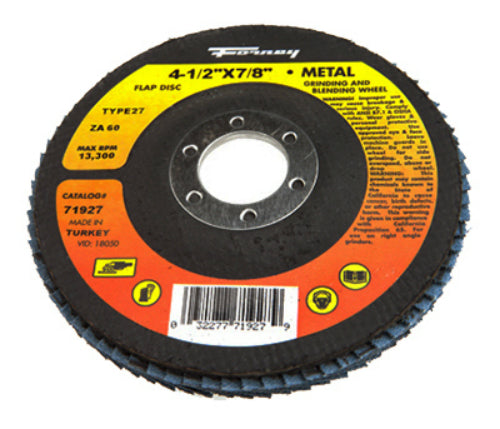 Forney 71927 Blue Zirconia Flap Disc, 60-Grit, Type 27, 4.5" x 7/8" Arbor, ZA60