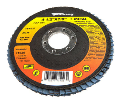 Forney 71926 Blue Zirconia Flap Disc, 36 Grit, Type 27, 4.5" x 7/8" Arbor, ZA36