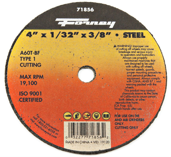 Forney 71856 Metal Cut-Off Wheel, Type 1, 4" x 1/32" x 3/8" Arbor, A60T-BF