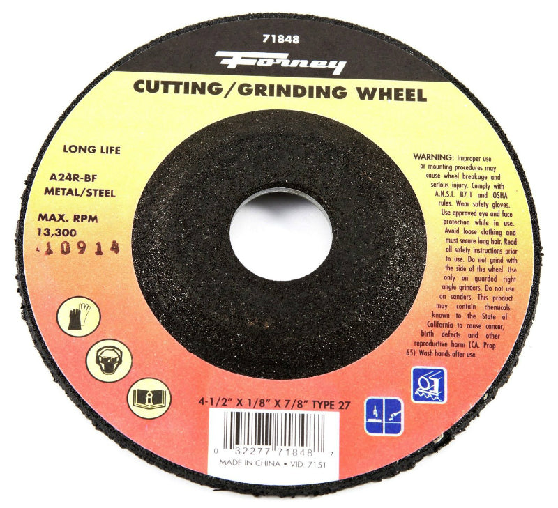 Forney 71848 Metal Grinding Wheel, Type 27, 4-1/2" x 1/8" x 7/8" Arbor, A24R