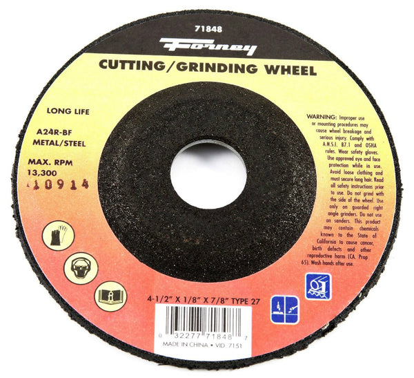 Forney 71848 Metal Grinding Wheel, Type 27, 4-1/2" x 1/8" x 7/8" Arbor, A24R