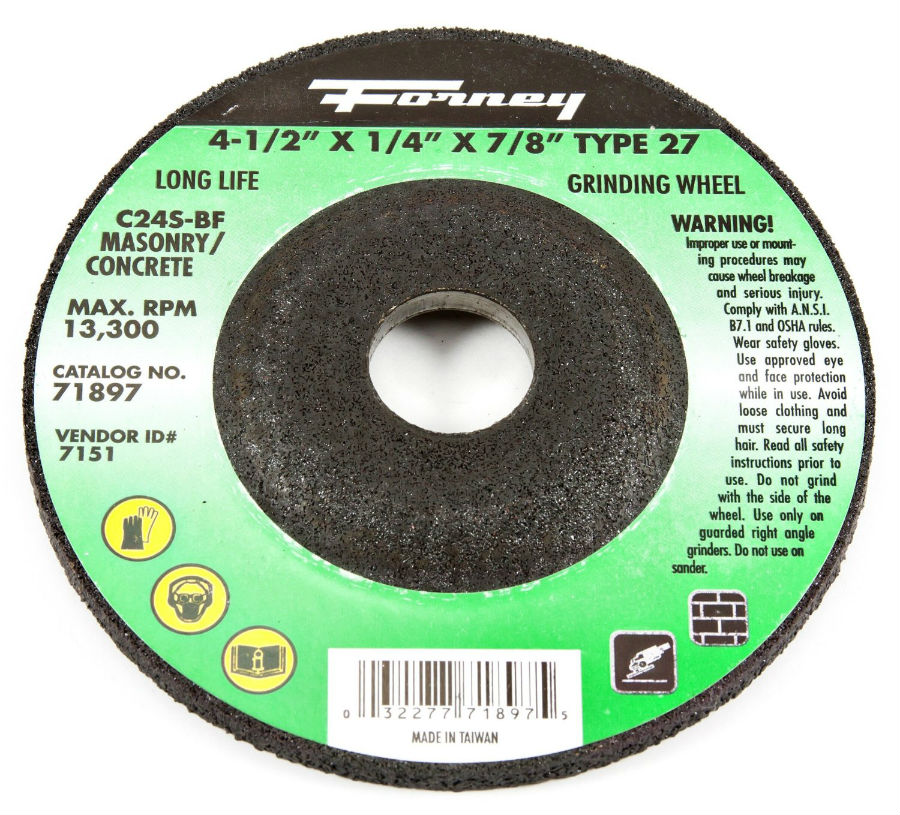 Forney 71897 Masonry Grinding Wheel, Type 27, 4.5" x 1/4" x 7/8" Arbor, C24S-BF