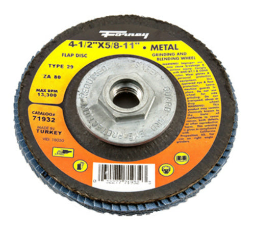 Forney 71932 Blue Zirconia Flap Disc, 80 Grit, Type 29, 4.5" x 5/8-11 Arbor,ZA80