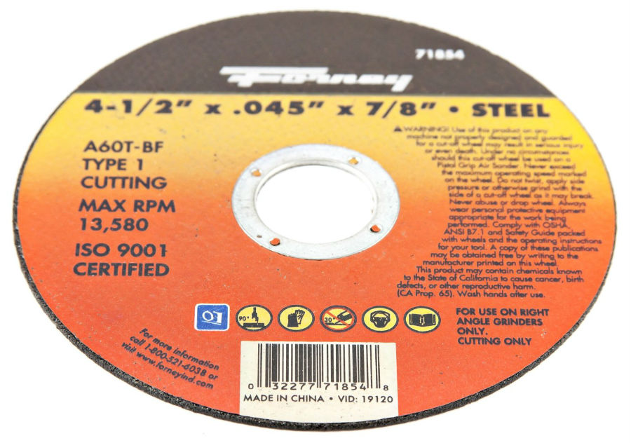 Forney 71854 Metal Cut-Off Wheel, Type 1, 4-1/2" x 0.045" x 7/8" Arbor, A60T-BF