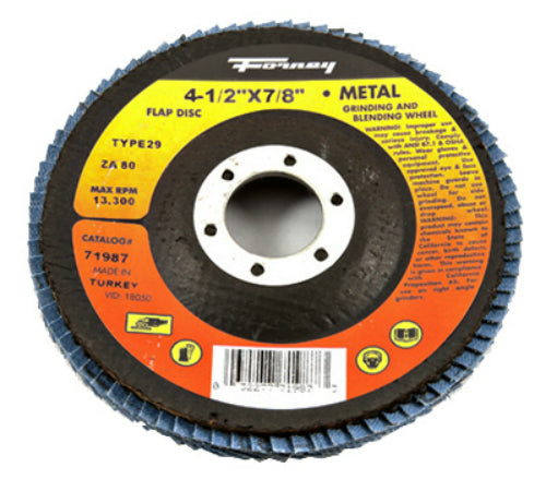 Forney 71987 Blue Zirconia Flap Disc, 80 Grit, Type 29, 4.5" x 7/8" Arbor, ZA80