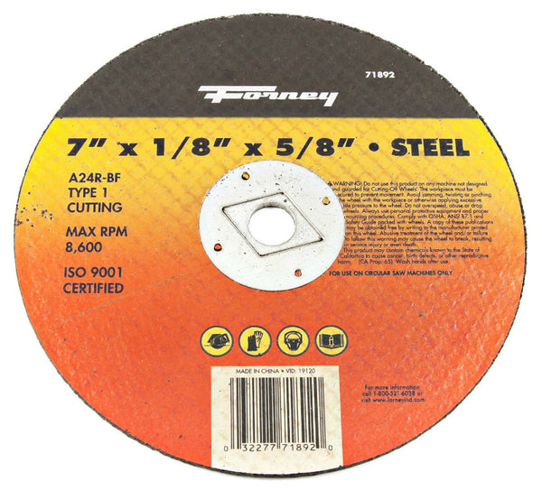 Forney 71892 Cut-Off Wheel for Circular Saws, Type 1, 7" x 1/8" x 5/8", A24R-BF