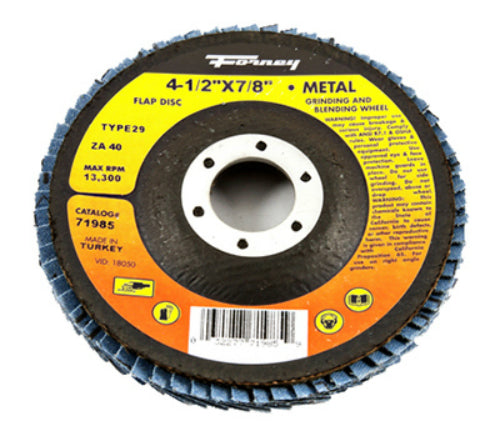 Forney 71985 Blue Zirconia Flap Disc, 40 Grit, Type 29, 4.5" x 7/8" Arbor, ZA40