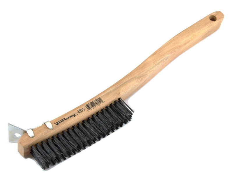 Forney 70511 Wire Scratch Brush with Scraper, Wood Handle, 13-11/16" x 0.014"