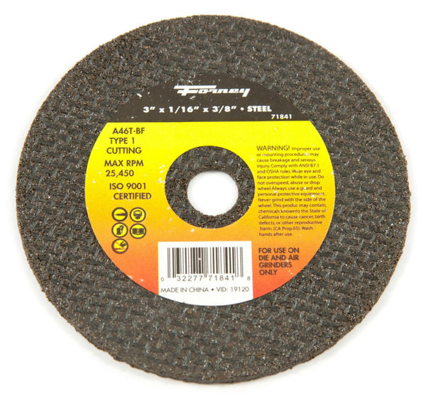 Forney 71841 Metal Cut-Off Wheel, Type 1, 3" x 1/16" x 3/8" Arbor, A46T-BF