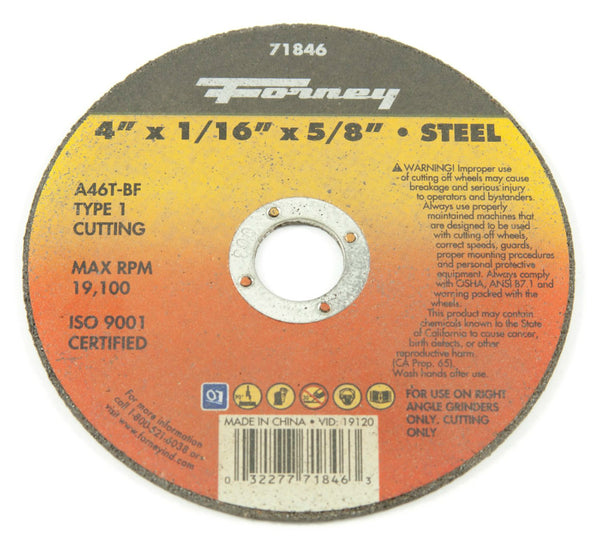 Forney 71846 Metal Cut-Off Wheel, Type 1, 4" x 1/16" x 5/8" Arbor, A46T-BF