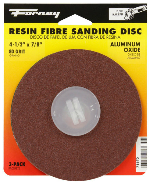 Forney 71670 Aluminum Oxide Resin Fibre Sanding Disc, 7/8", 80 Grit, 3-Pack