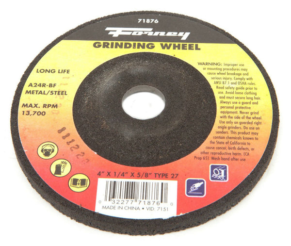 Forney 71876 Metal Grinding Wheel, Type 27, 4" x 1/4" x 5/8" Arbor, A24R