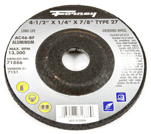 Forney 71886 Grinding Wheel for Aluminum, Type 27, 4.5" x 1/4" x 7/8" Arbor,AC46