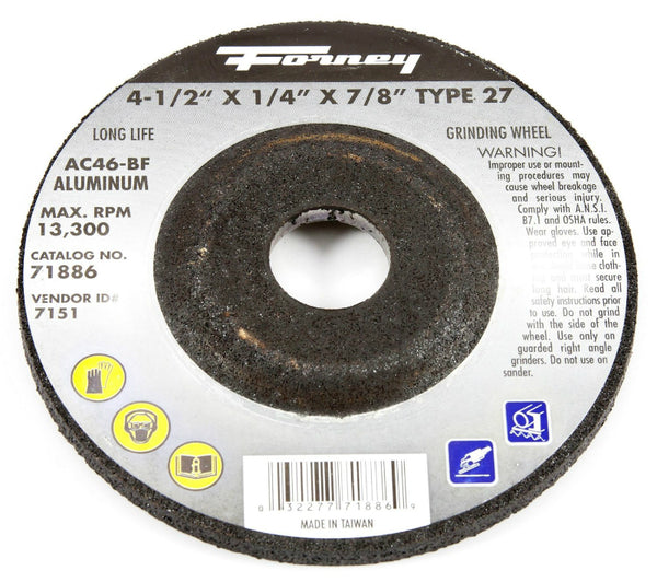 Forney 71886 Grinding Wheel for Aluminum, Type 27, 4.5" x 1/4" x 7/8" Arbor,AC46