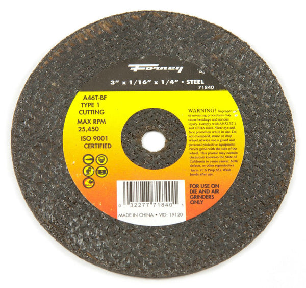 Forney 71840 Metal Cut-Off Wheel, Type 1, 3" x 1/16" x 1/4" Arbor, A46T-BF