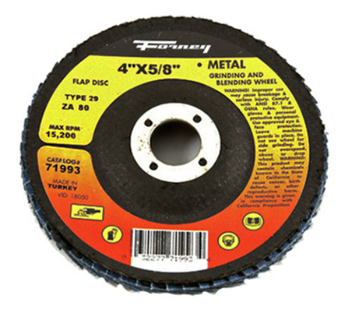 Forney 71993 Blue Zirconia Flap Disc, 80 Grit, Type 29, 4" x 5/8" Arbor, ZA80