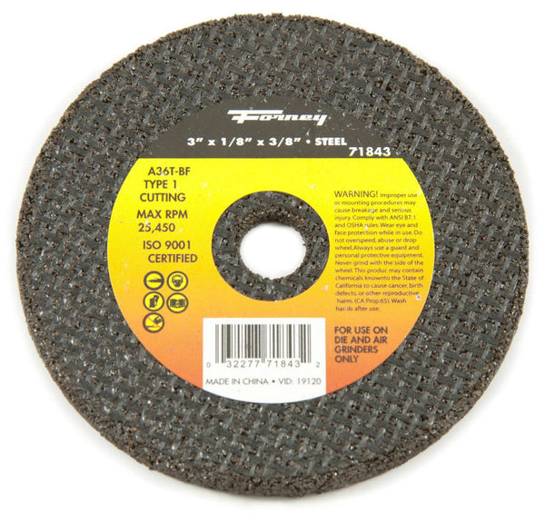 Forney 71843 Metal Cut-Off Wheel, Type 1, 3" x 1/8" x 1/4" Arbor, A36T-BF