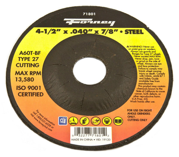 Forney 71801 Metal Cut-Off Wheel, Type 27, 4-1/2" x 0.040 x 7/8" Arbor, A60T-BF