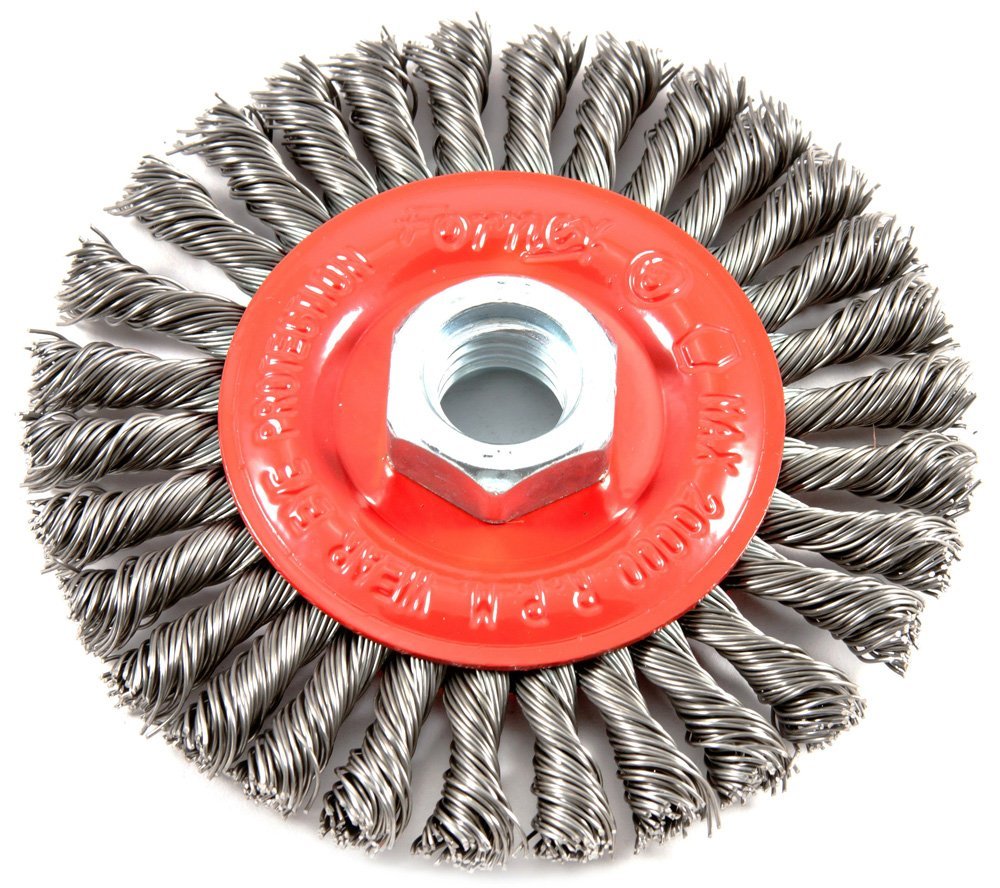 Forney 72760 Stringer Bead Twist Knot Wire Wheel Brush, 4"x0.012", 5/8"-11 Arbor