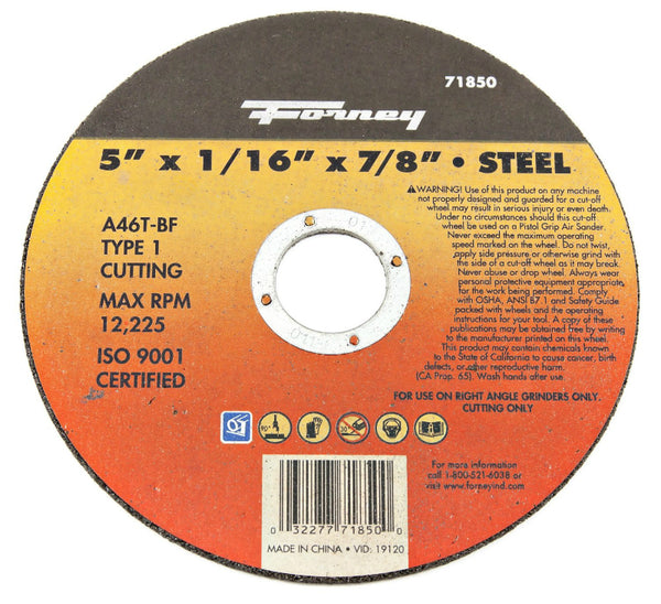 Forney 71850 Metal Cut-Off Wheel, Type 1, 5" x 1/16" x 7/8" Arbor, A46T-BF