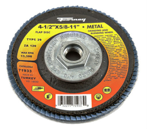Forney 71933 Blue Zirconia Flap Disc, 120 Grit, Type 29, 4.5",5/8-11 Arbor,ZA120