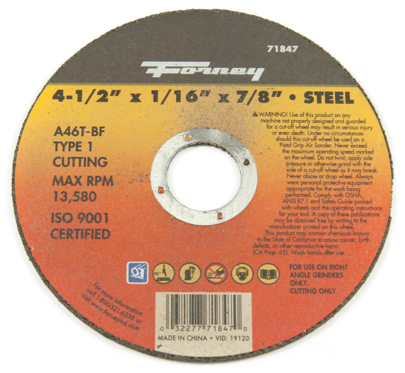 Forney 71847 Metal Cut-Off Wheel, Type 1, 4-1/2" x 1/16" x 7/8" Arbor, A46T-BF